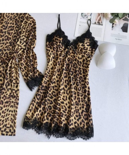Robes Women's Satin Silk Pajamas Set Leopard Lace Trim Kimono Robe and Chemise Nightgown Pj Set Sleepwear Nightwear - Browna-...