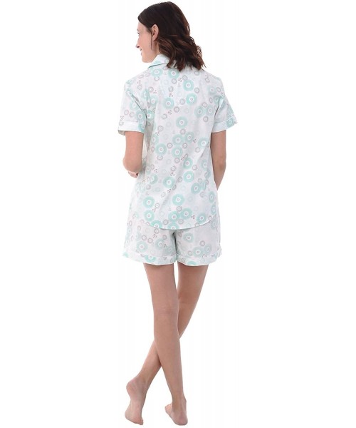 Sets Women's Lightweight Button Down Pajama Set- Short Summer Pjs - Green Circles on Cream With White Piping - CF12LHHN1ON