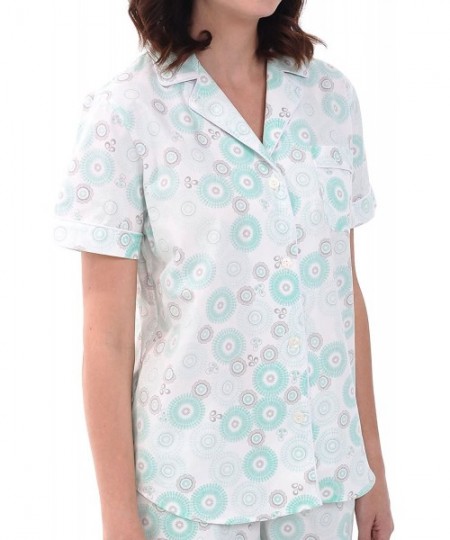 Sets Women's Lightweight Button Down Pajama Set- Short Summer Pjs - Green Circles on Cream With White Piping - CF12LHHN1ON