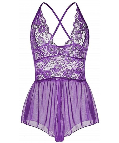 Baby Dolls & Chemises Women Teddy Lingerie Nightwear - Sexy One Piece Lace Mesh Babydoll Chemise with Low Back Design - Purpl...
