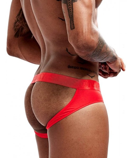 Boxer Briefs Men Underwear- Printing Waistband Breathable Sexy Hips Double Thong Cotton Sport Short Leg Underwear - Red - C01...