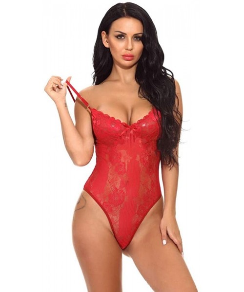 Bustiers & Corsets Women's Corset-2019Women Sexy Lingerie Lace Teddy Features Plunging Eyelash and Snaps Crotch - 85red - CL1...