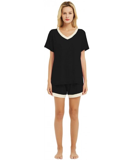 Sets Women's Pajama Set Short Sleeve V-Neck Soft Sleepwear and Shorts PJS Sets Nightwear Loungewear - Black - CD1972U2N3N