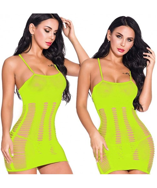 Baby Dolls & Chemises Sexy Women Fishnet Mini Bodycon Hole Dress Hollow Out Cami Babydoll Lingerie - Yellow - CA18W53R4MY