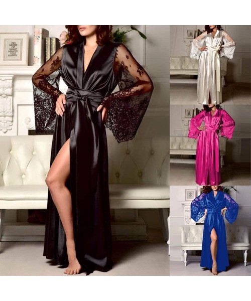 Robes Women Satin Long Nightdress Silk Lace Lingerie Nightgown Sleepwear Sexy Robe - Hot Pink - CW193WUAURM