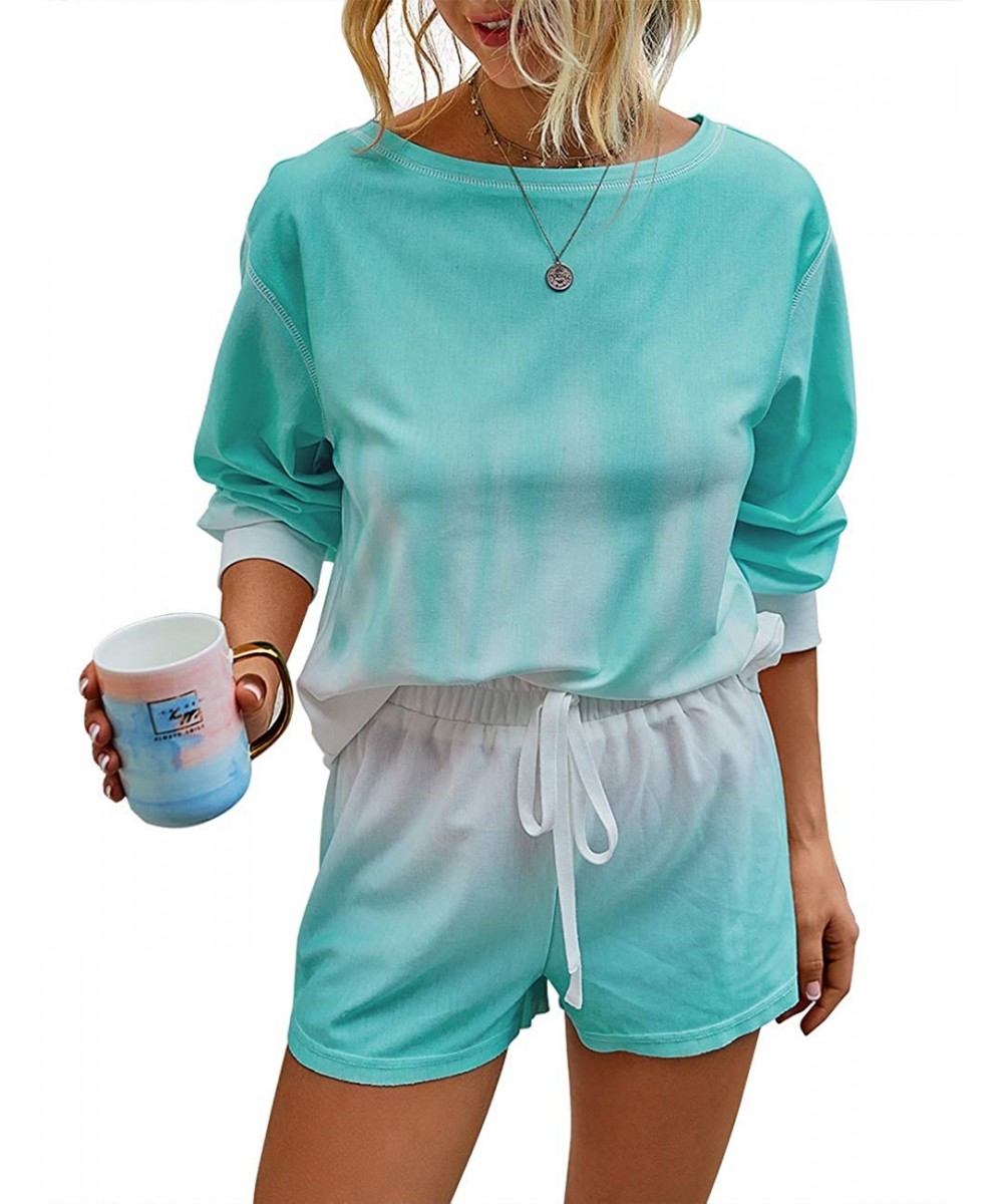 Sets Womens Tie Dye Loungewear Sets Long Sleeve Tops Pajamas Sets Sleepwear Night Shirt - Gradient Green (No Pockets) - CV19C...