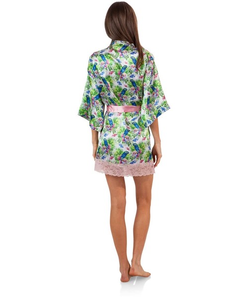 Robes Women's Satin Kimono Bridesmaid Short Robe Silky Bathrobe with Pockets - Tropical Parrot - CR12ITDMBHL