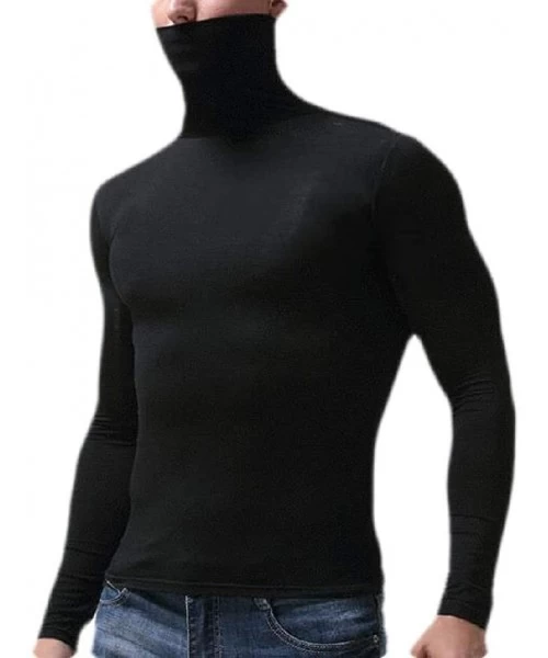Thermal Underwear Men's Fashion Turtleneck Slim Thermal Underwear Long Sleeve Solid T-Shirt Tee - Black - C0192UKN7I8