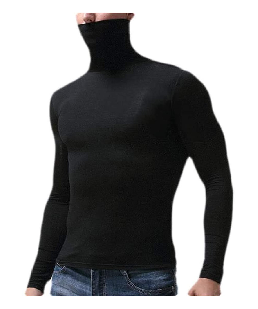 Thermal Underwear Men's Fashion Turtleneck Slim Thermal Underwear Long Sleeve Solid T-Shirt Tee - Black - C0192UKN7I8