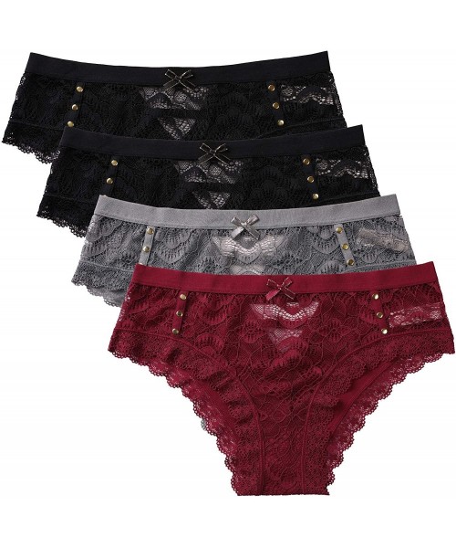 Panties Women's Breathable Lace Thong Cheeky Hipster Low-Rise Panties 4 Pack - Black-black-red-grey - CT1983ORLNG