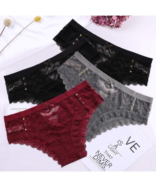 Panties Women's Breathable Lace Thong Cheeky Hipster Low-Rise Panties 4 Pack - Black-black-red-grey - CT1983ORLNG
