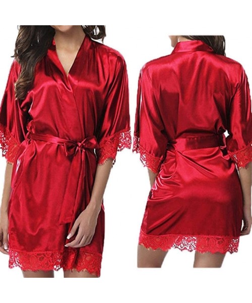 Nightgowns & Sleepshirts Ice Silk Ladies Sexy Sleep Wear Dress Short Ice Silk Bride-to-be Robe Lace Nightwear - Red - C318TYY...
