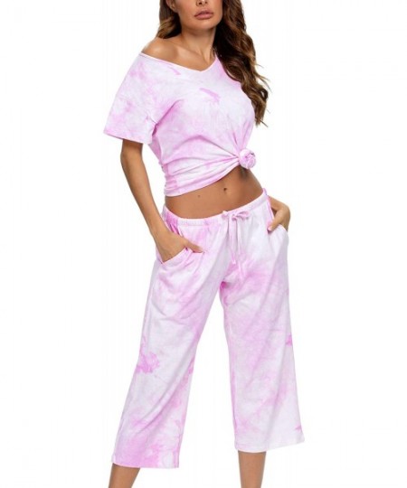 Sets Women's Tie Dye Printed Pajama Sets Sleepwear Top with Capri Pants Lounge Sets with Pocket - Pink - CS190XEYMC9