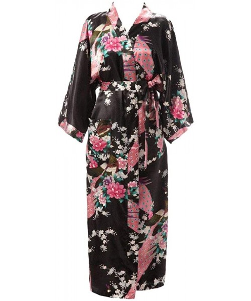 Robes Spa Bathrobes for Women - Printed Peacock Kimono Hooded V-Neck Summer Lightweight Long Robe Sleepwear - Black - CZ18HYH...