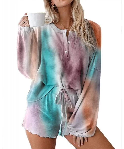 Sets Women 2 Piece Pajama Set Tie Dye Short Sleeve T-Shirt Tops Drawstring Shorts Sleepwear Loungewear Summer Clothes - D-pur...