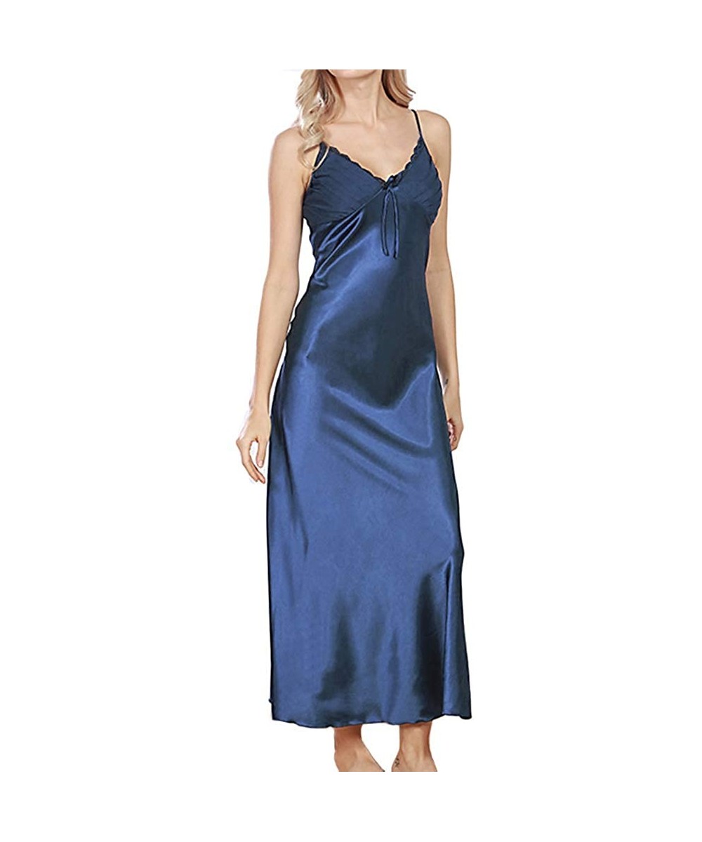 Nightgowns & Sleepshirts Women's Long Satin Slip Nightgowns Laced Ruched Adjustable Spaghetti Straps - Navy - CE199UE9W7G