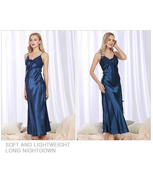 Nightgowns & Sleepshirts Women's Long Satin Slip Nightgowns Laced Ruched Adjustable Spaghetti Straps - Navy - CE199UE9W7G