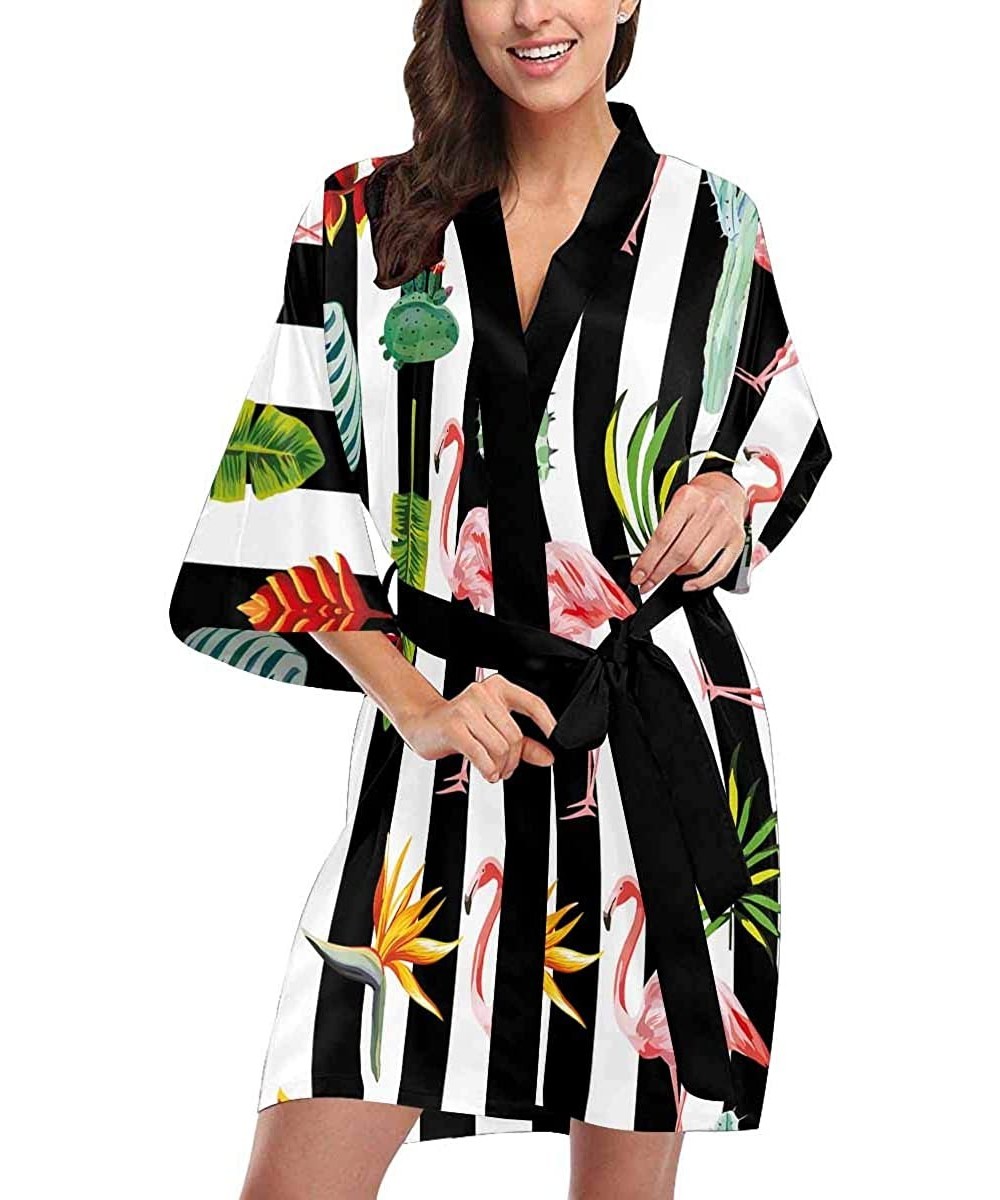 Robes Custom Pink Flamingo Stripes Tropical Leaves Women Kimono Robes Beach Cover Up for Parties Wedding XS 2XL Multi 1 - CV1...