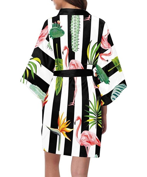 Robes Custom Pink Flamingo Stripes Tropical Leaves Women Kimono Robes Beach Cover Up for Parties Wedding XS 2XL Multi 1 - CV1...