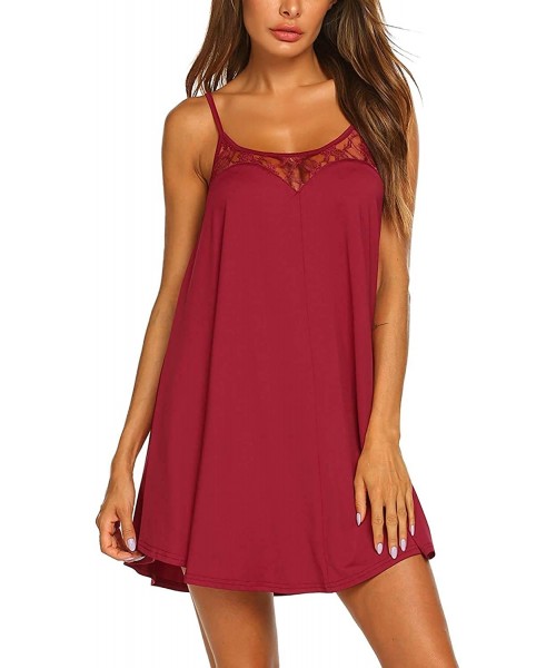 Nightgowns & Sleepshirts Women's Cami Babydoll Chemise Lace Lounge Wear Sleepwear Slip Dress Sleeveless - Wine Red - CY19DQX9YI2