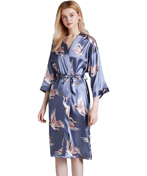 Robes Women's Satin Kimono Robe Mid-Long Printed Dressing Gowns Sleep Bathrobe Bridal Party Robes - Grey - CU196ER9AE0