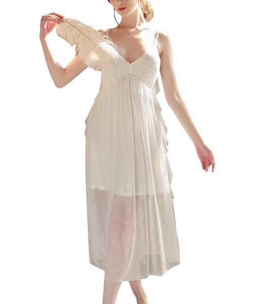 Slips Womens Chemise Nightgown V Neck Sexy Sleepwear Spaghetti Strap Camisole Dress - Ruffle White - CK199DAYHN2