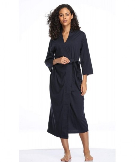 Robes Women's Soft Cotton Modal Long Shawl Collar Wrap Robe Sleepwear - Navy Blue - C217AYYQCKH