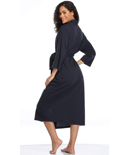 Robes Women's Soft Cotton Modal Long Shawl Collar Wrap Robe Sleepwear - Navy Blue - C217AYYQCKH