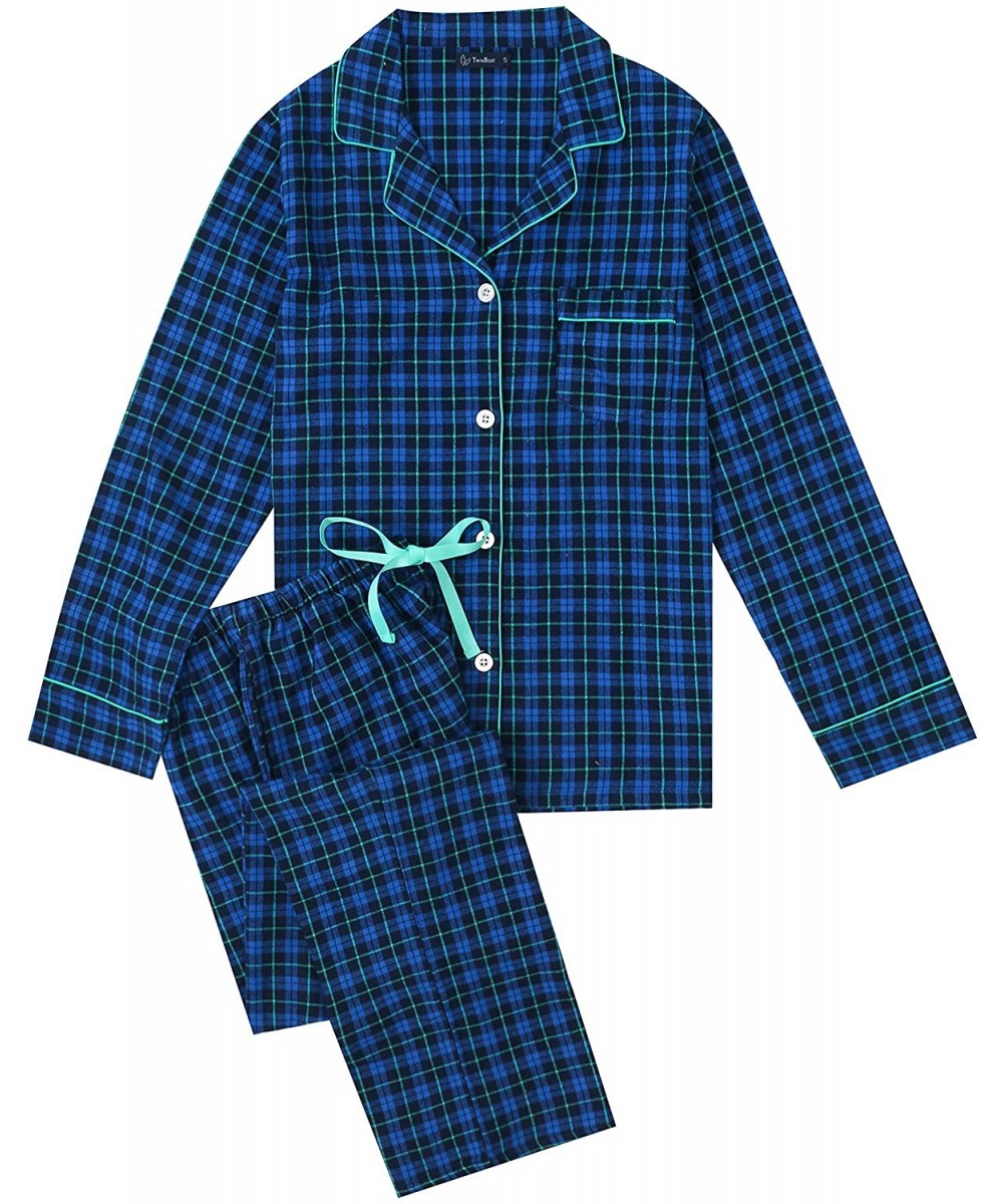 Sets Twin Boat Womens 100% Cotton Lightweight Flannel Pajama Sleepwear Set - Plaid Blue-green - CN18XAXXNA4