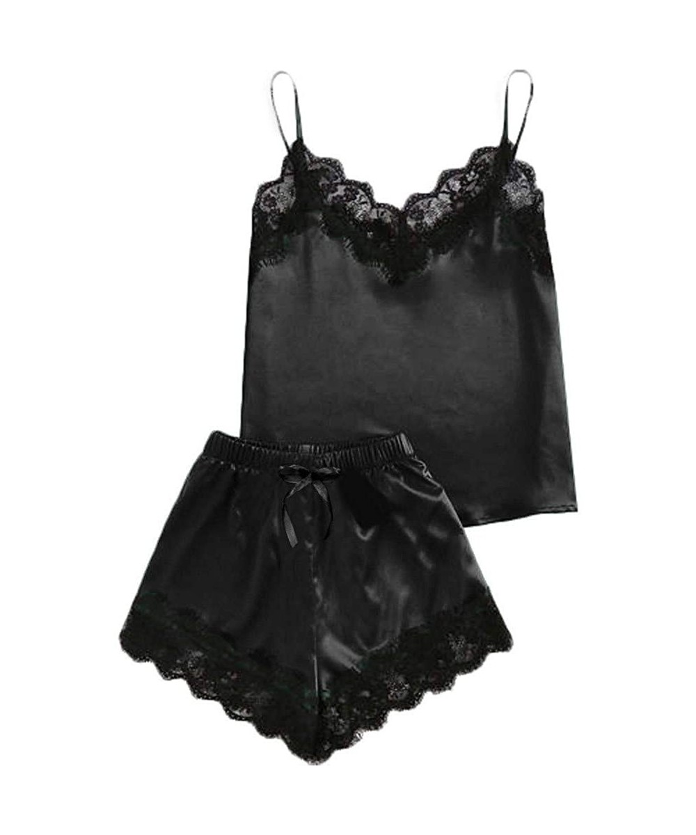 Shapewear Women Sleepwear Sleeveless Strap Nightwear Lace Trim Satin Cami Top Pajama Sets - Black - CD18ULW0DM8