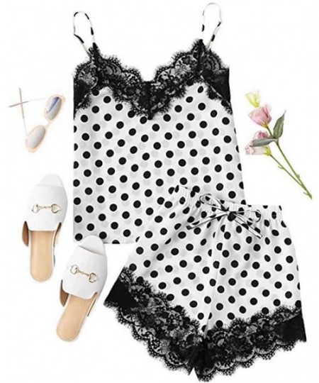 Accessories Women Sleepwear Sleeveless Strap Nightwear Lace Trim Satin Cami Top Pajama Sets - F-black - CZ18U8OZG3Z