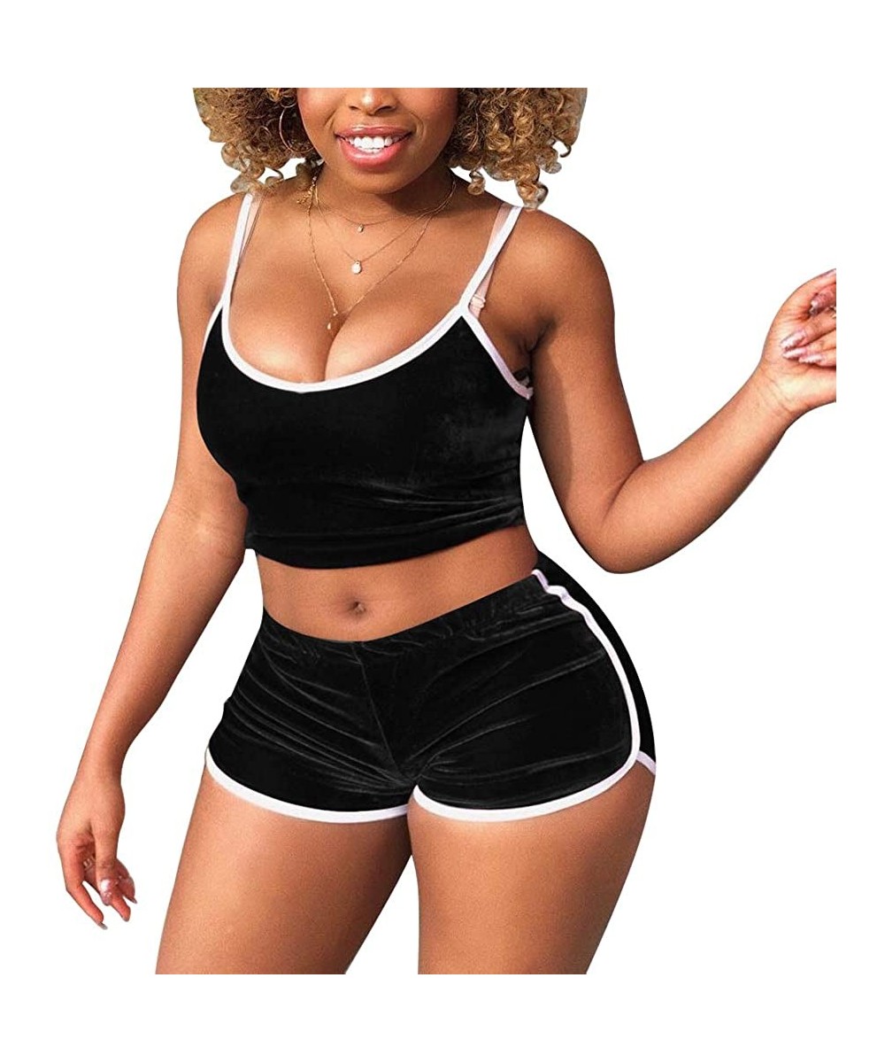 Sets Women's Velvet 2 Piece Outfit - Spaghetti Strap Crop Top Camisole and Shorts Sleepwear Pajama Set - Black01 - CW196DDCLXH