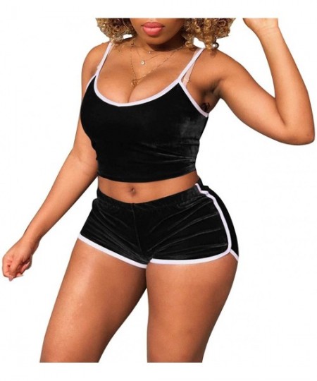 Sets Women's Velvet 2 Piece Outfit - Spaghetti Strap Crop Top Camisole and Shorts Sleepwear Pajama Set - Black01 - CW196DDCLXH