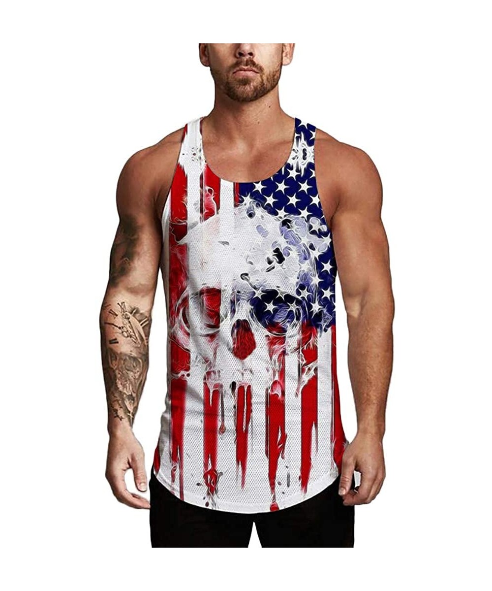 Thermal Underwear Men's Printed American Flag Skull Sleeveless Quick Dry Sport Tank Top for Outdoor Camping Training Vest - W...