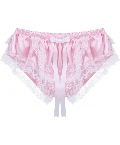Briefs Men's Silky Shiny Satin Ruffled Lacy Sissy Thongs Crossdress Underwear - Pink - C118H366AE8
