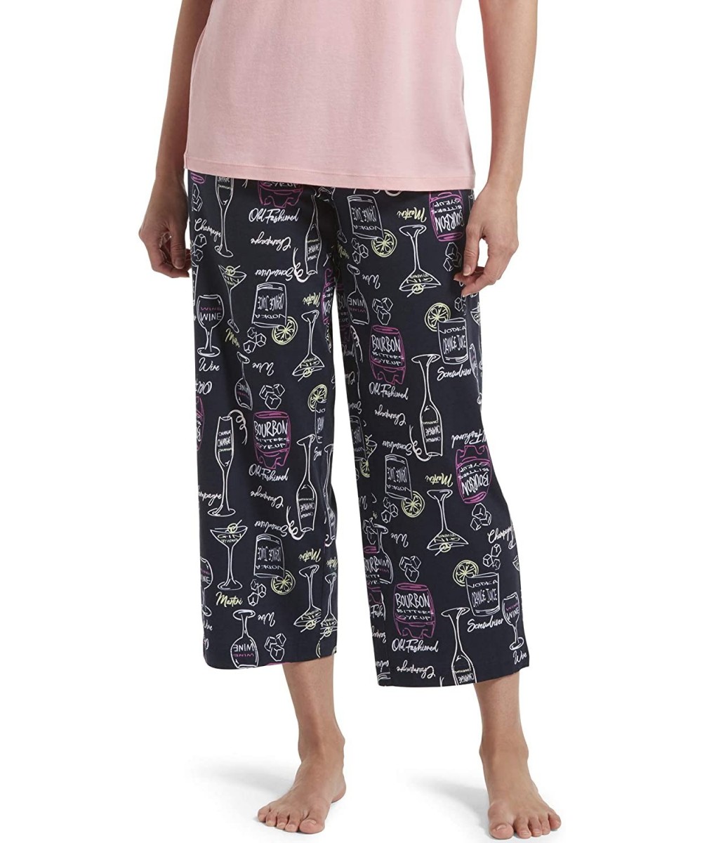 Bottoms Women's Printed Knit Capri Pajama Sleep Pant - Total Eclipse - Drink Them Up - CF193QK54ST