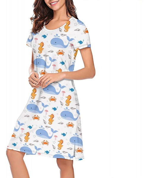 Tops Crewneck Short Sleeve Nightgown Moon Wolf Galaxy Printed Nightdress Sleepwear Women Pajamas Cute Sea Horses Crab - CE18X...