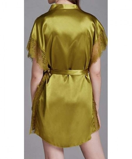 Robes Women Homewear Satin Hollow Out Short Sleeve Sleep Belt Lace Sexy Patchwork Thin Sleep Bathrobe - Green - CH19DHURT0X