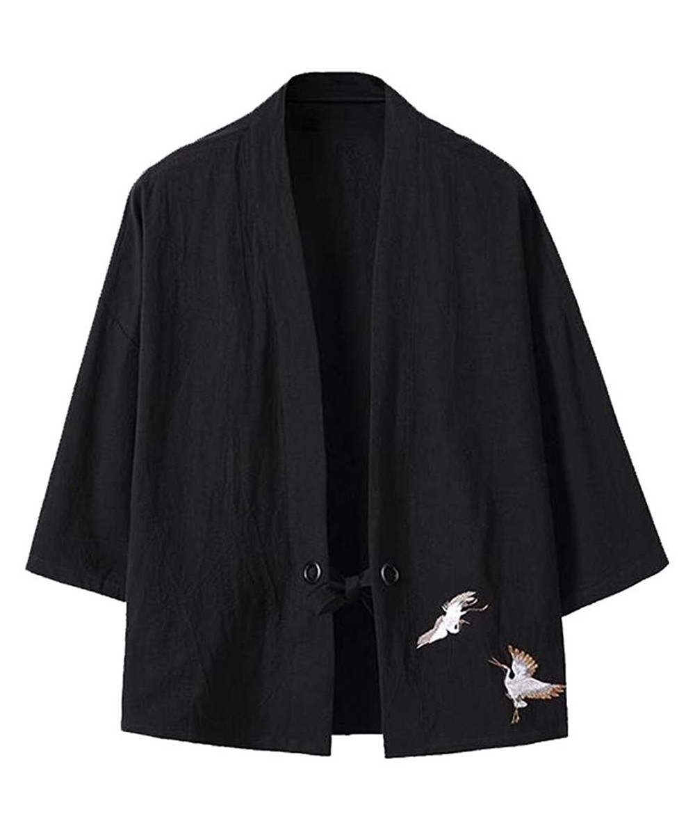 Robes Mens Kimono Cardigan- Men's Vintage Baggy Cotton Linen Solid Color Half Sleeve Retro T Shirts Tops and Blouse - Zzz-b-b...