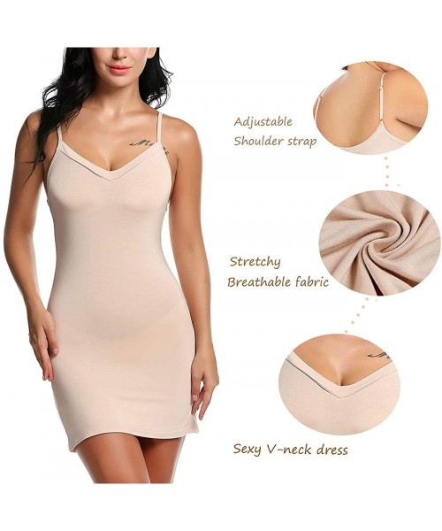 Slips Women's Extra Full Cotton Slip Dress Nightgown Deep V-Neck Straight Sleep Sleeveless Nightwear - Nude - C818QG9S77C