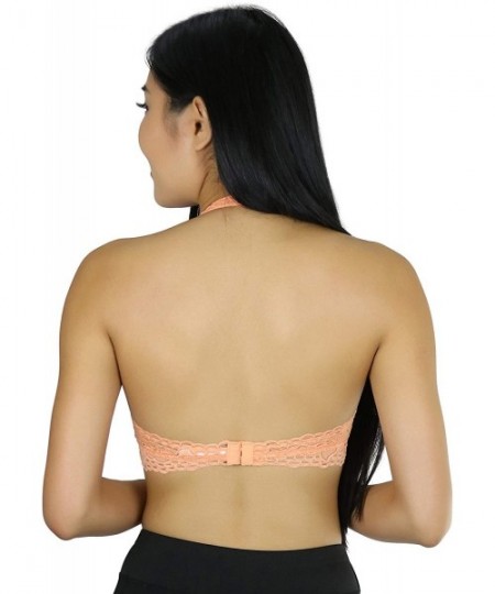 Bras Women's Lined Lace Halter Stretch Bralette - Peach - CP18TTEH5IK