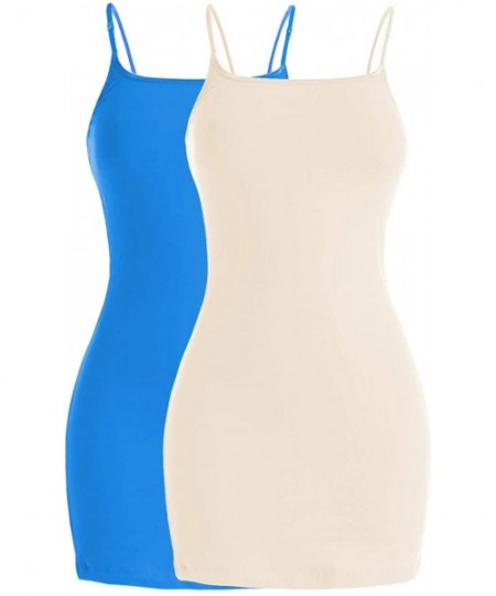 Camisoles & Tanks Women's Cotton Camisole Solid Long Length Adjustable Spaghetti Strap Tank Top - 2-pack (Turquoise/Beige) - ...