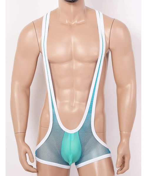 Bikinis Men's One-Piece Suspender Fishnet See-Through Tank Top Bodysuit Jumpsuit Pouch Boxers Underwear - Sky Blue Fishnet - ...