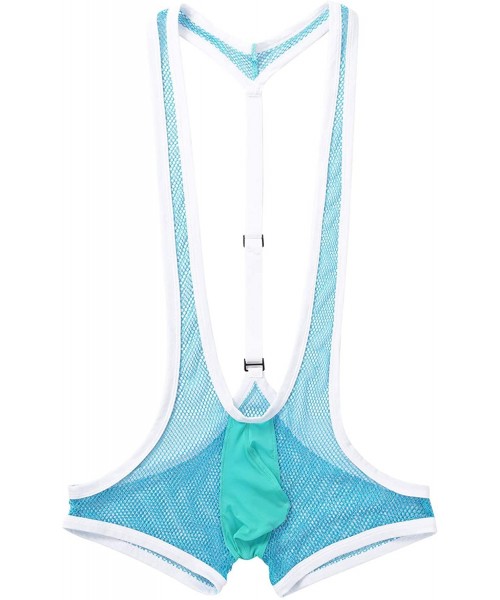 Bikinis Men's One-Piece Suspender Fishnet See-Through Tank Top Bodysuit Jumpsuit Pouch Boxers Underwear - Sky Blue Fishnet - ...