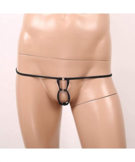 G-Strings & Thongs Mens Low Rise Mini Micro G-String Thong Lingerie Briefs Cheeky Panty O-Ring Holes Underwear - Black - CX19...