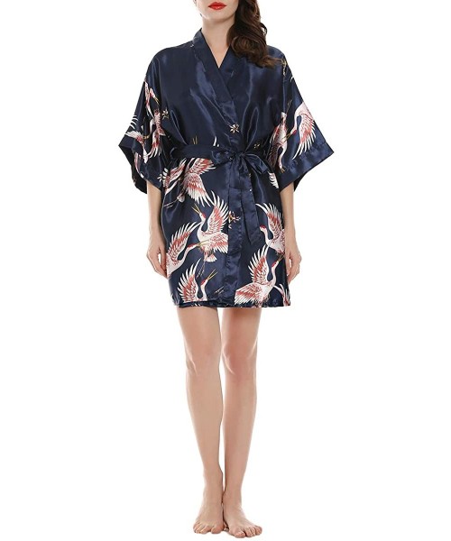 Robes Women's Short Satin Kimono Robes Bridesmaids Sleepwear with Oblique V-Neck - Navy - CI197QE0H05