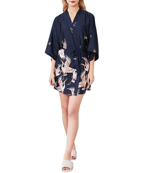 Robes Women's Short Satin Kimono Robes Bridesmaids Sleepwear with Oblique V-Neck - Navy - CI197QE0H05