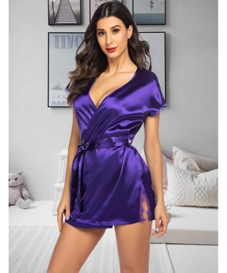 Nightgowns & Sleepshirts Women Lingerie Robe Satin Lace Trim Sexy Kimono Robes with Inside Ties - Dark Purple - CS193H6TRI5