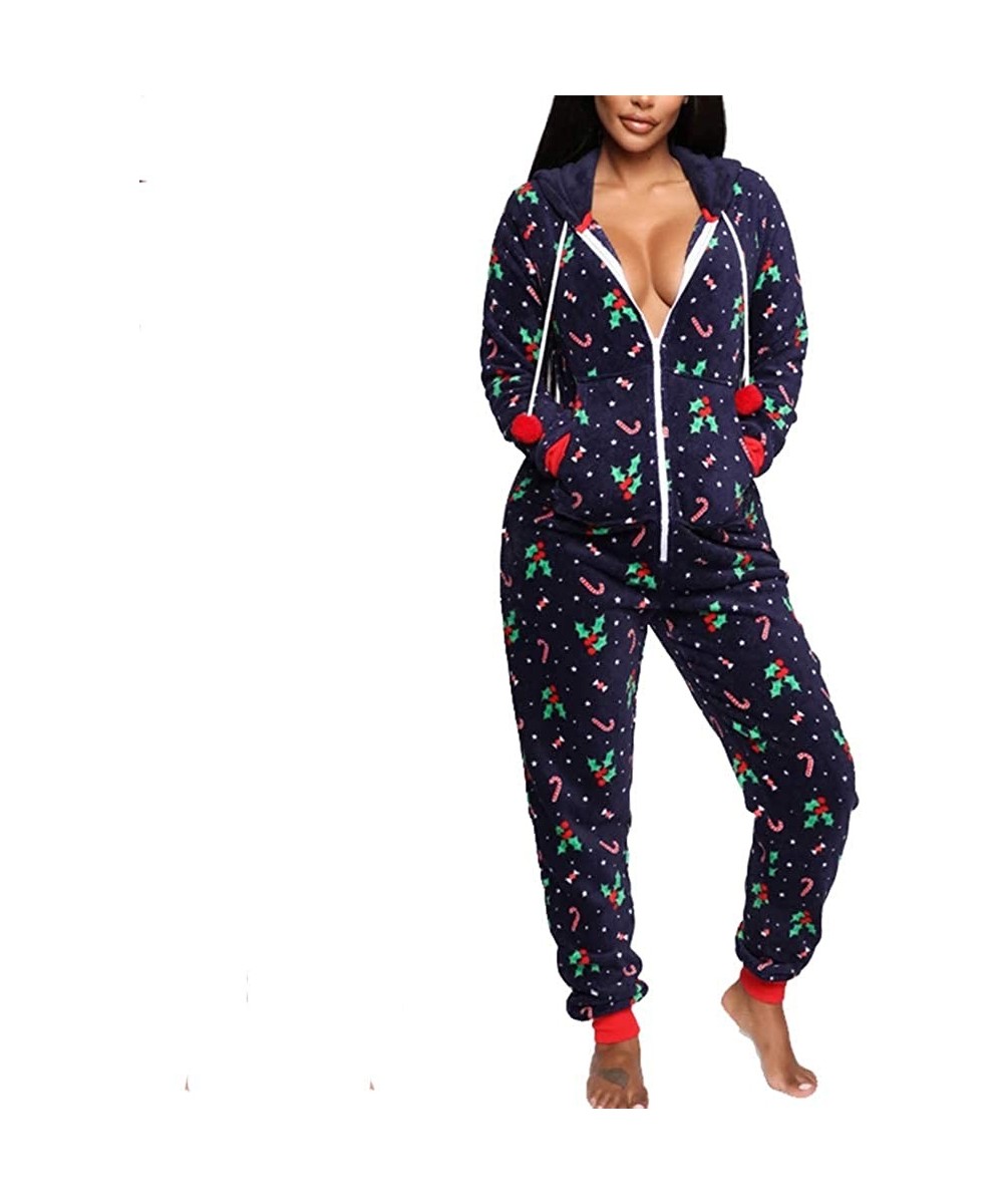 Onesies Women's Plush Warm Hood Onesie Pajama Christmas Flannel Hooded One Piece Pajamas Jumpsuit - Xmas Blue - C318ZXOZ9R4