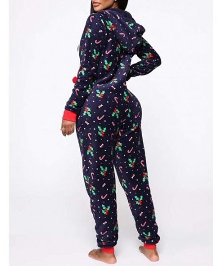 Onesies Women's Plush Warm Hood Onesie Pajama Christmas Flannel Hooded One Piece Pajamas Jumpsuit - Xmas Blue - C318ZXOZ9R4